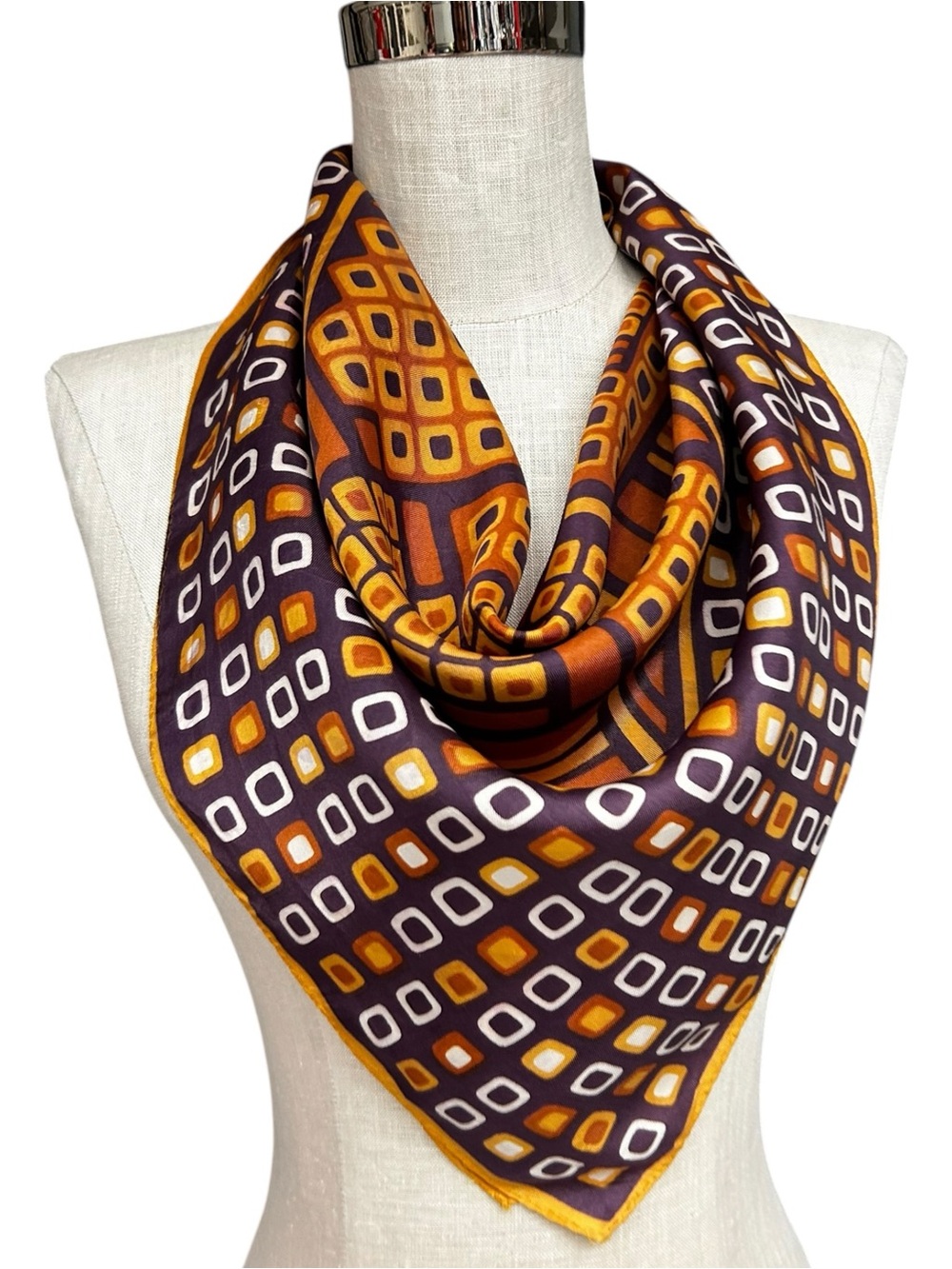 Vintage Mod Geometric Square Scarf Brown Orange Retro Silk Scarf